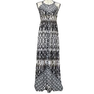 Soma Halter Neck H Back Maxi Dress Women's M Neutral Ikat Print Soft Stretchy